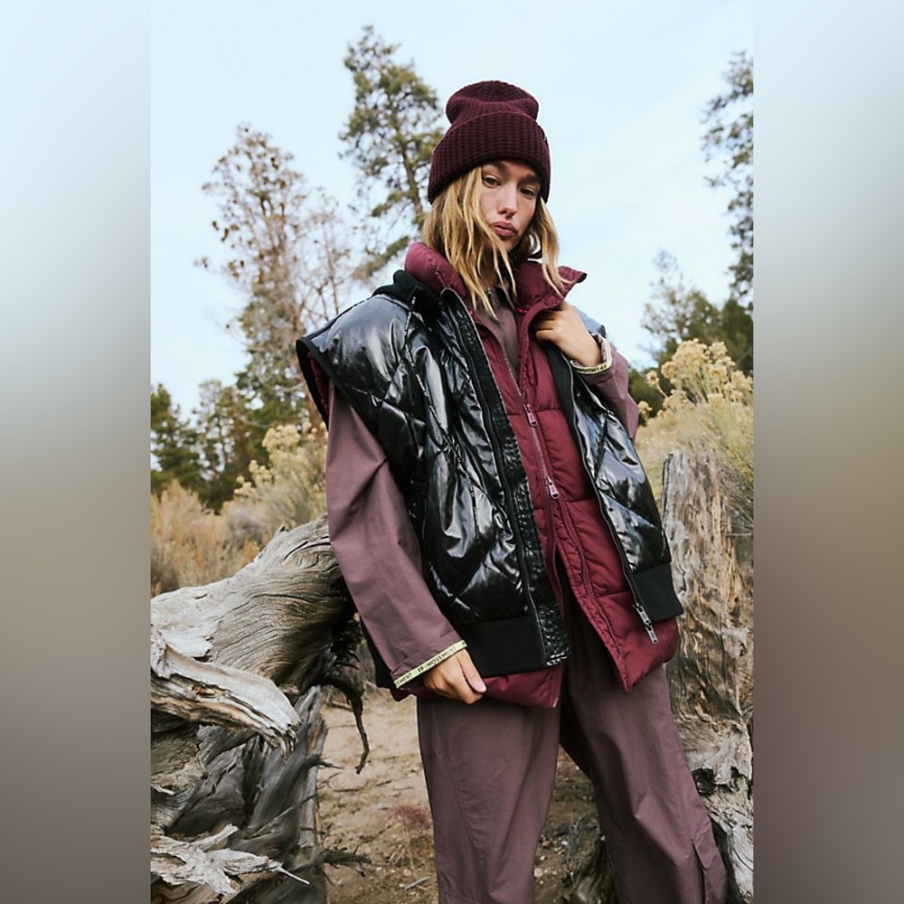 FP Movement by Free People Black Shiny Puffer Vest with Burgundy Layering